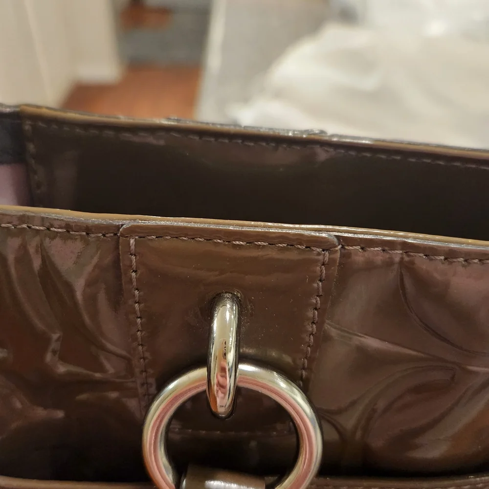 Coach Olive Green Op Art Embossed Patent Leather East West Gallery Tote  Bag - Picture 15 of 16